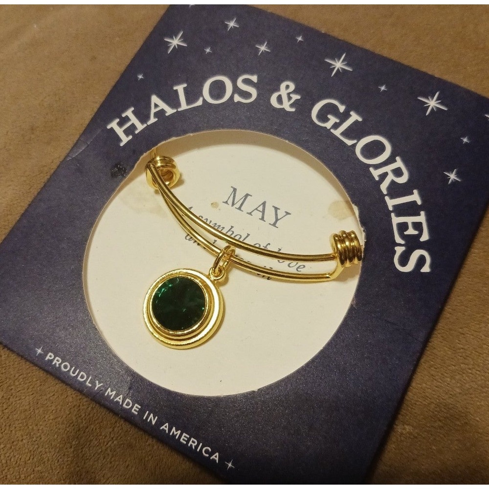 NEW Halos & Glories May‎ Green Gemstone Expandable Bangle Bracelet in Shiny Gold